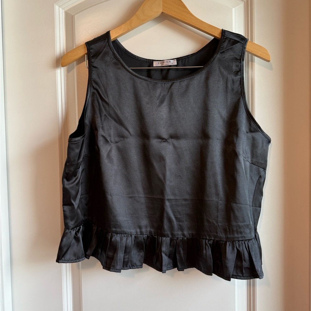 NWOT Black Satin Pajama Set with Ruffle Detail - Picture 3 of 10